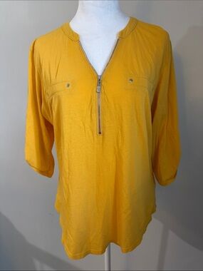 Guess Mustard Yellow Half-Zip 3/4 Sleeve Top Sz XL